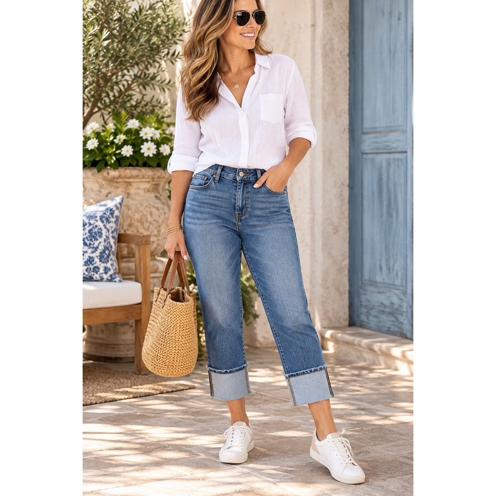 Jessica Simpson Jeans 10/30 High Rise Ankle Straight Cuffed Medium Wash Denim